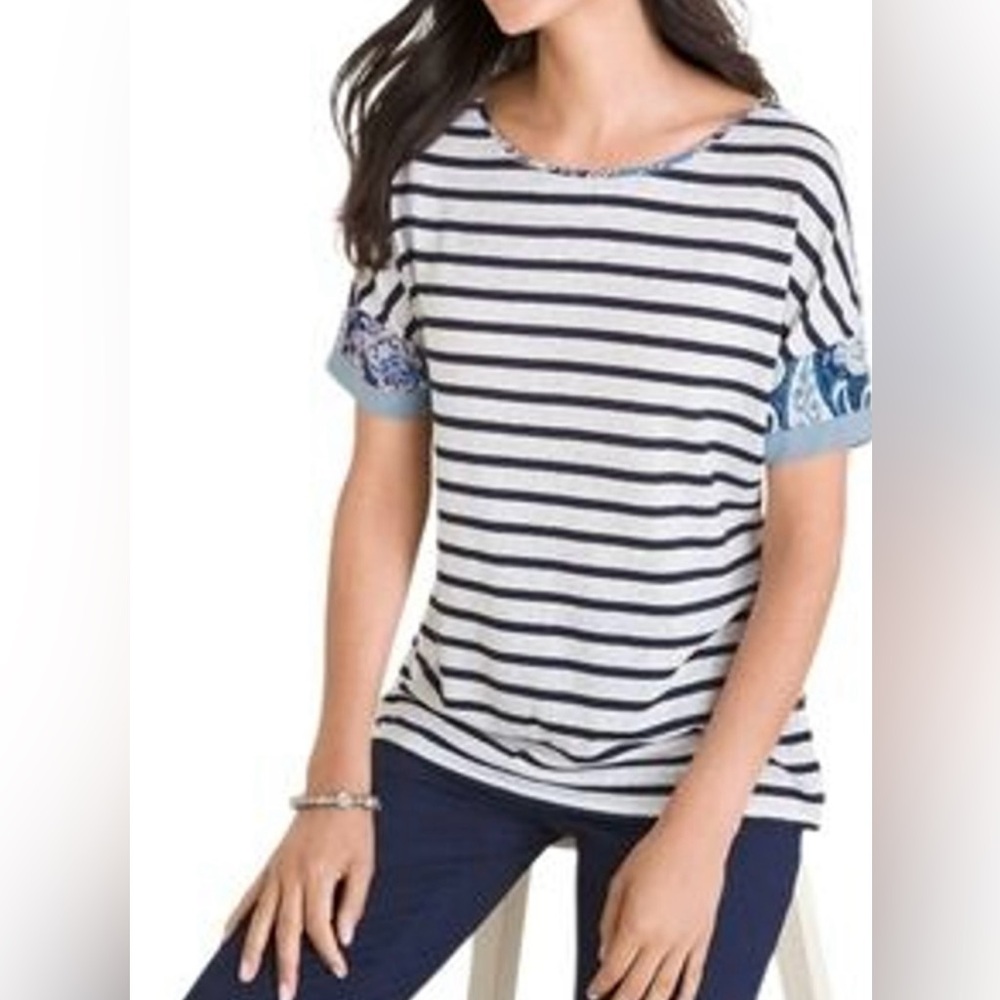 Chico’s Blue White Striped Paisley 100% Linen Tshirt Size 1